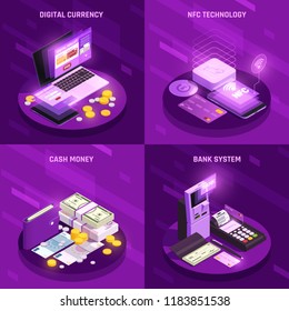 Payment methods isometric design concept with digital currency cash money bank system nfc technology isolated vector illustration