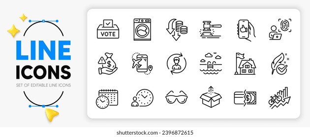 Payment methods, Like app and Swimming pool line icons set for app include Building, Flight destination, Washing machine outline thin icon. Human resources, Send box, Deflation pictogram icon. Vector