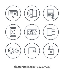 Payment methods line icons in circles, electronic payment, cash, credit card, wallet, mobile payment icon, vector illustration