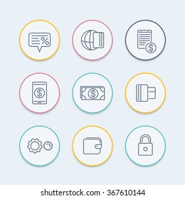 Payment methods line icons, electronic payment, credit card, wallet, mobile payment, cash round icons, vector illustration