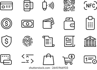 Payment Methods Line Icons Set. Credit Card, Mobile Payment, Wallet, Transaction. Vector Illustration. Editable Stroke