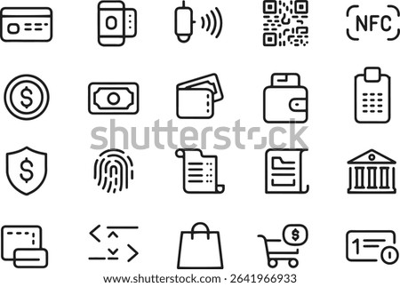 Payment Methods Line Icons Set. Credit Card, Mobile Payment, Wallet, Transaction. Vector Illustration. Editable Stroke