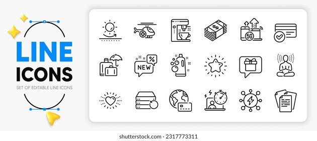 Payment methods, Medical helicopter and Documents line icons set for app include Heart, Luggage insurance, Yoga outline thin icon. Timer, Recovery server, Sun protection pictogram icon. Vector