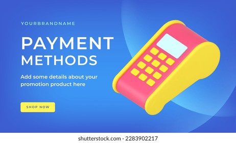 Payment methods POS terminal wireless epay machine online store landing page 3d icon vector illustration. Emoney business transaction electronic device banking modern equipment website promo banner
