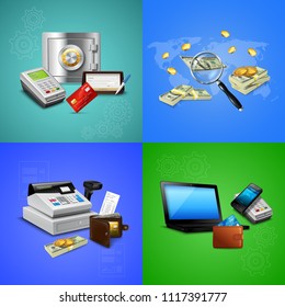 Payment methods realistic design concept with money banking cards cash register and pos terminal isolated vector illustration 