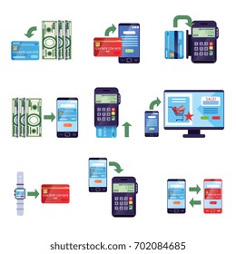 Payment methods in retail and online purchases, online payment concept vector Illustrations
