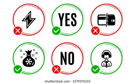 Payment methods, Santa sack and Energy icons simple set. Yes no check box. Shipping support sign. Wallet cash, Gifts bag, Thunderbolt. Delivery manager. Business set. Payment methods icon. Vector