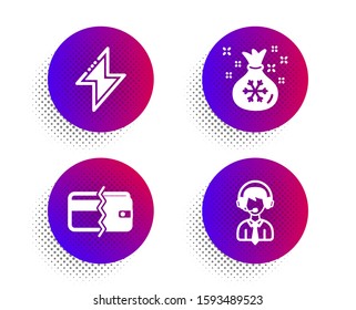 Payment methods, Santa sack and Energy icons simple set. Halftone dots button. Shipping support sign. Wallet cash, Gifts bag, Thunderbolt. Delivery manager. Business set. Vector