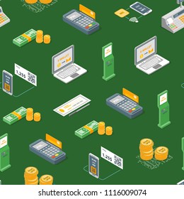 Payment Methods Seamless Pattern Background Isometric View Electronic Transfer, Cash, Credit Card or Check. Vector illustration