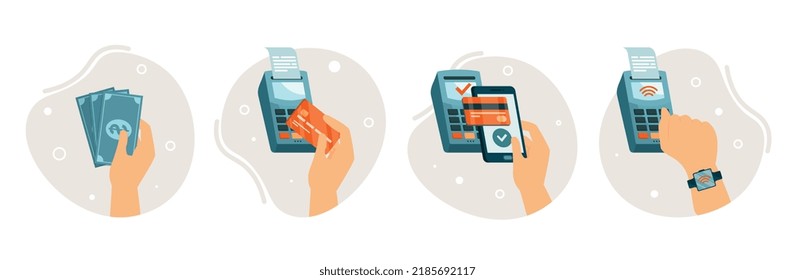 Payment methods set. Collection of hands with money, map and smartphone. Bank transfers, modern technologies and electronic transactions. Cartoon flat vector illustrations isolated on white background