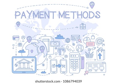 Payment methods set, credit card, mobile app, atm and terminal, money transfer, internet bank, design element for banner, poster, brochure, flyer, advertising hand drawn vector Illustrations