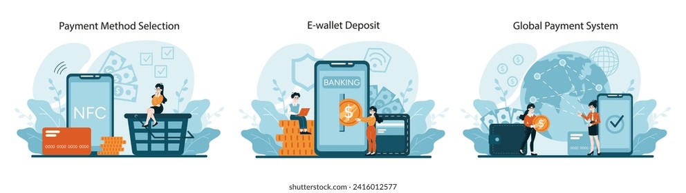 Payment Methods set. Selection with NFC, e-wallet top-ups, and international transactions. Visualizing modern finance technology and cross-border payments. Flat vector illustration