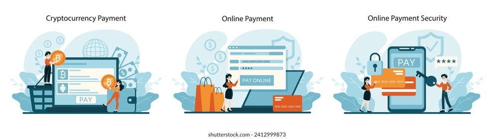 Payment Methods set. Showcasing cryptocurrency transactions, online purchases, and security features. Embracing the digital age of finance. Flat vector illustration svg