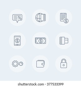 Payment methods thin line icons, electronic payment, credit card, wallet, mobile payment, cash icons, vector illustration