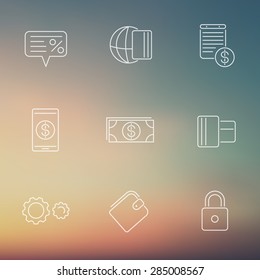 Payment methods, types line icons on blur background, vector illustration, eps10, easy to edit