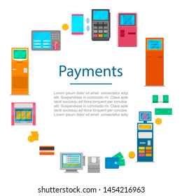 Payment methods vector concept with digital currency, cash money, bank system nfc technology and payment terminals. Pay cash or credit card method.