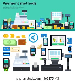 Payment methods vector flat illustration. Icons for ways of payment standing on the table. Different payment tools, cash, coins, computer, wallet, credit cards isolated on white background