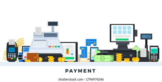 Payment methods vector flat illustrations. Payment methods in retail and online purchases.