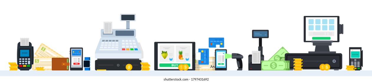 Payment methods. Vector flat illustrations. Set up payment methods in retail and online purchases.