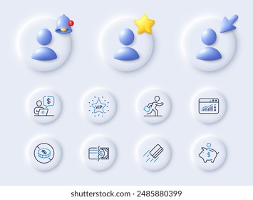 Payment methods, Web traffic and Vip star line icons. Placeholder with 3d cursor, bell, star. Pack of Piggy bank, Credit card, No cash icon. Business person, Businessman run pictogram. Vector