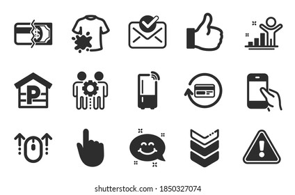 Payment methods, Winner and Hold smartphone icons simple set. Parking, Swipe up and Employees teamwork signs. Approved mail, Like and Hand click symbols. Flat icons set. Vector