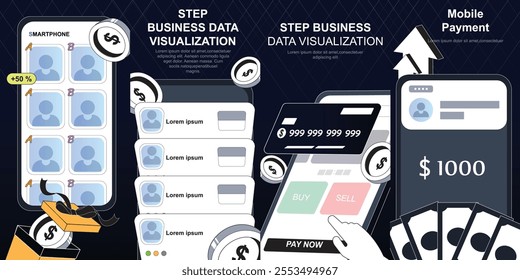 Payment mobile app page screen 4 Order plan UX, UI, select contacts screen, write message screen, credit card payment screen, update profile screen,with linear vector illustrations