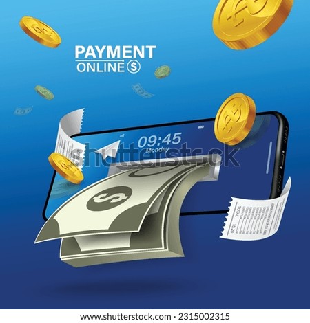 Payment Mobile money transfer. Many banknotes flowed out of mobile phones. the concept of spending money without an ATM. transaction online.  transaction online. 
Mobile phone with payment application