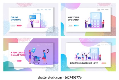 Payment with Mobile Phone and Card Website Landing Page Set. Customers Use Smart Devices for Paying. Cashless Payment Transaction, Shopping Technology Web Page Banner. Cartoon Flat Vector Illustration