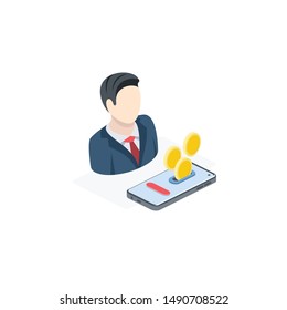 Payment mobile user businessman. Vector 3d isometric, color web icons set, new flat style. Creative illustration design, idea for infographics.