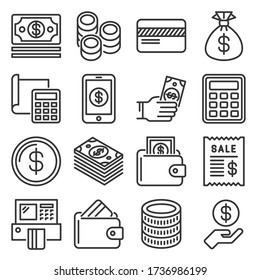 Payment Money and finance Icons Set. Line Style Vector