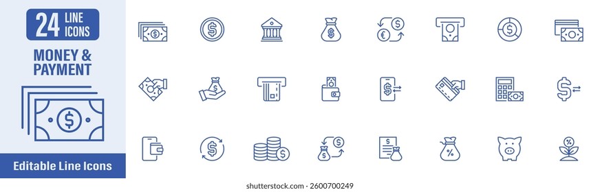 Payment and Money line icon set. Contains icons as payment, money, transfer, atm card, banking, credit, debit, cash and more. Vector illustration.