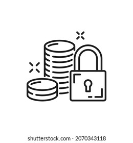 Payment And Money Protection Isolated Thin Line Icon. Vector Finances Security, Deposit Savings And Lock, Financial Insurance Stability. Cash Money Coins, Padlock And Income Protection, Economy Crisis