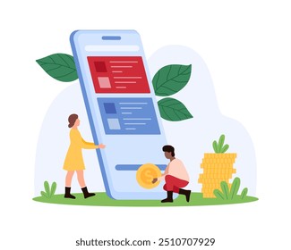 Payment, money transaction between two credit cards in mobile app. Tiny people hold coins and big smartphone to transfer money for purchase or debt, fee of customer cartoon vector illustration