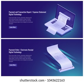 Payment And Money Transaction Report, Expense Statement, Pay Order, Electronic Receipt, Digital Technology, Laptop Vector Illustration On Ultraviolet Background