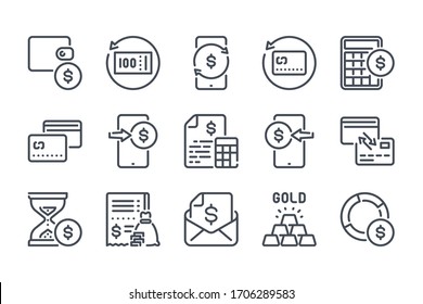 Payment and money transactions related line icon set. Money transfer and Mobile Banking linear icons. Money and Online Wallet outline vector signs and symbols collection.