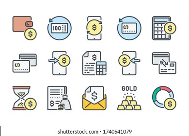 Payment and Money Transfer related color line icon set. Mobile Banking and Finance Transactions colorful linear icons. Money and Online Wallet flat color outline vector sign collection.