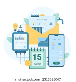 Payment of monthly utility bills vector illustration. Cartoon meter with readings, envelope with invoice for heating and water, gas and electricity, date of payment and mobile phone with app to pay