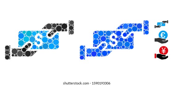 Payment mosaic of circle elements in variable sizes and color tones, based on payment icon. Vector circle elements are combined into blue composition. Dotted payment icon in usual and blue versions.