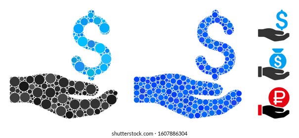 Payment mosaic of filled circles in various sizes and color tinges, based on payment icon. Vector small circles are combined into blue illustration. Dotted payment icon in usual and blue versions.