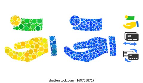 Payment mosaic of small circles in different sizes and color tones, based on payment icon. Vector filled circles are united into blue mosaic. Dotted payment icon in usual and blue versions.