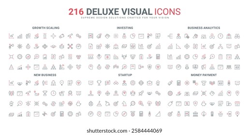 Payment, new project development strategy, scaling arrows line icon set. Money plant growth of business investment and startup rocket, puzzle thin black and red outline symbols vector illustration