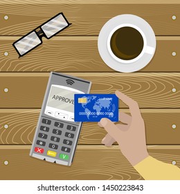 Payment nfc contactless, cashless transaction vector. Pay use credit card rfid, illustration banking electronic terminal, pos device for payment acceptance