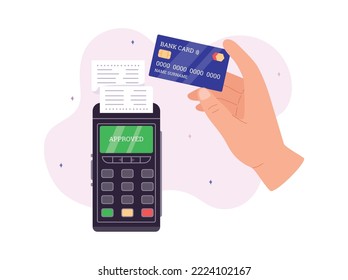 Zahlung mit NFC-Kreditkarte auf POS-Bankterminal, flache Cartoon-Vektorgrafik einzeln auf weißem Hintergrund. Banner zur Darstellung der drahtlosen NFC-Zahlung.