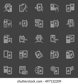 Payment with NFC icons. Vector set of outline contactless payments concept signs. NFC smartphone, smart watch and card payment linear symbols on dark background