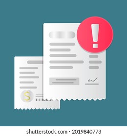 Payment notification. Error payment notification. Financial contract statement, the receipt with exclamation notification. concept of ​​auditing financial transactions. vector illustration 