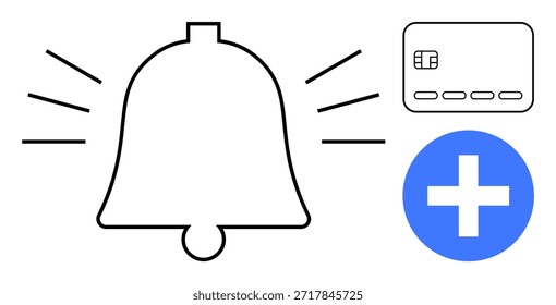 Notificaciones de pago, servicios en línea, banca móvil, alertas financieras, Actualizar de comercio electrónico, transacciones digitales. Señales de emisión de Bell, tarjeta de crédito y símbolo de adición. Notificaciones de pago