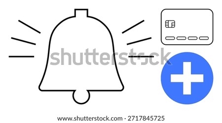 Payment notifications, online services, mobile banking, financial alerts, e-commerce updates, digital transactions. Bell emitting signals, credit card and add symbol. Payment notifications