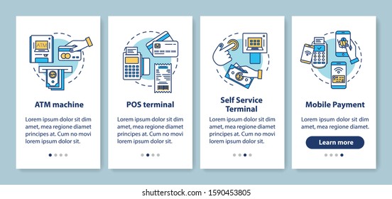 Payment onboarding mobile app page screen with linear concepts. ATM machine. POS and self-service terminals. Four walkthrough steps graphic instructions. UX, UI, GUI vector template with illustrations