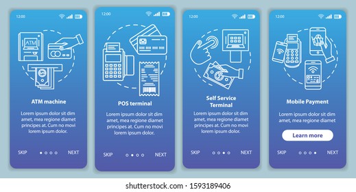 Payment onboarding mobile app page screen vector template. POS and self-service terminals. Walkthrough website steps with linear illustrations. ATM machine. UX, UI, GUI smartphone interface concept