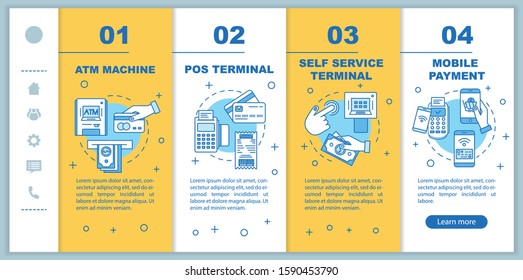 Payment onboarding mobile web pages vector template. Self-service terminal. Responsive smartphone website interface idea with linear illustrations. Webpage walkthrough step screens. Color concept
